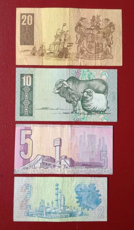 Collection of 4 old South Africa bank notes.