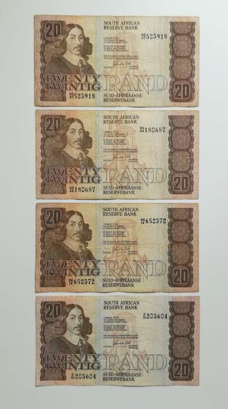 Collection of 4 old South African R20 bank notes.