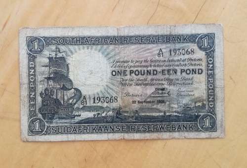 South Africa 22 September 1938 Postmus one pound bank note.