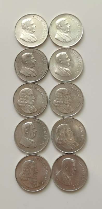 South Africa collection of 10 silver one rand coins. One bid takes all.
