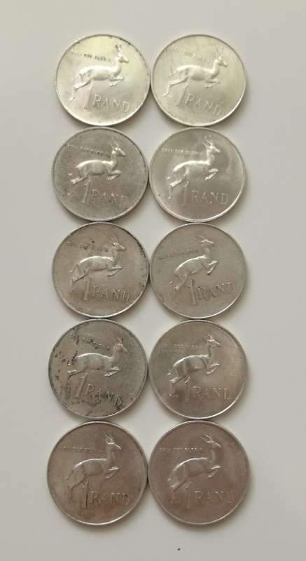 South Africa collection of 10 silver one rand coins. One bid takes all.