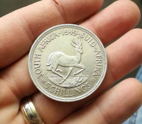 South Africa 1949 Silver 5 Shillings.