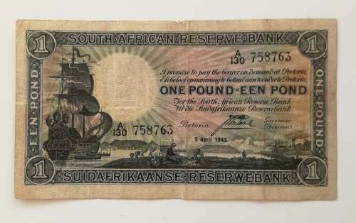 South Africa 5 April 1943 Postmus one pound bank note.