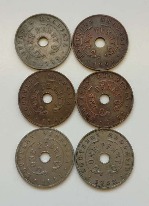 Collection of 6 Southern Rhodesia one Penny's.