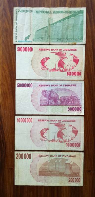 Zimbabwe collection of 5 Reserve bank notes.