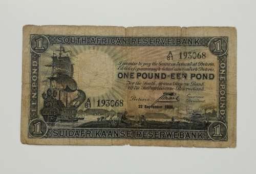 SOUTH AFRICA 22 SEPTEMBER 1938 POSTMUS ONE POUND BANK NOTE.