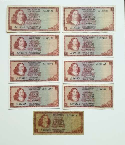 Collection of 9 old de Jongh R1 bank notes. One replacement.