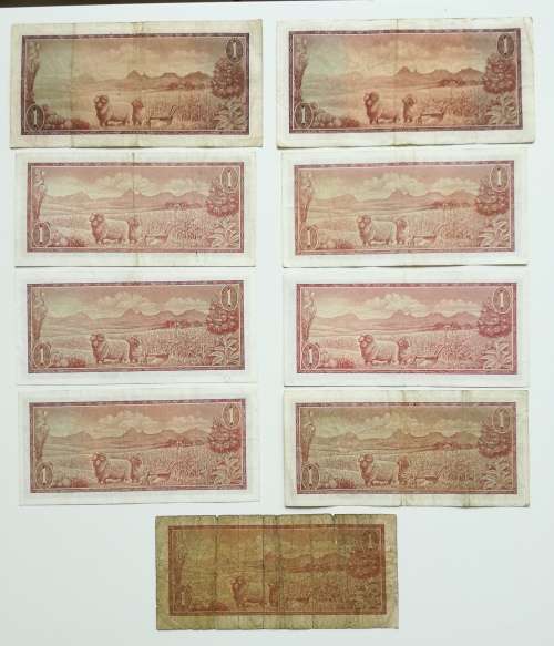 Collection of 9 old de Jongh R1 bank notes. One replacement.