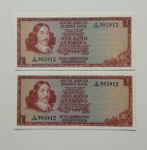 South Africa UNC Consecutive number DE Jongh R1 bank notes.