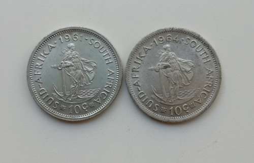 South Africa 1961+1964 Silver 10 Cent's. Good condition. One bid takes all.