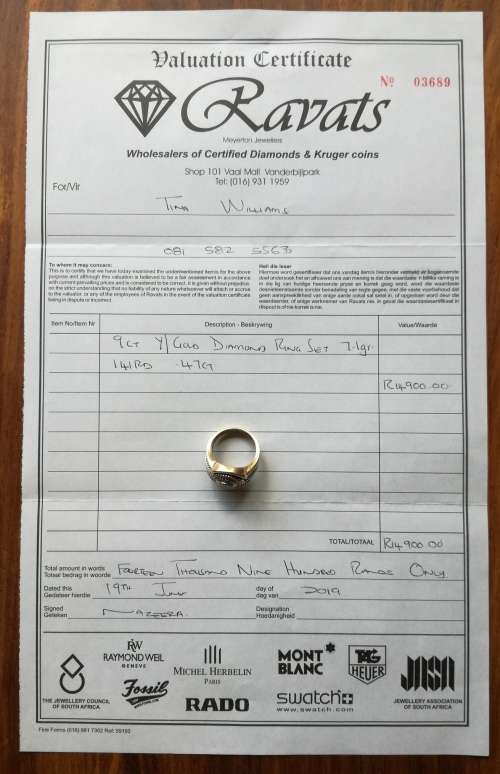 9 CT gold ladies ring. 7.11 Grams. Including valuation certificate.