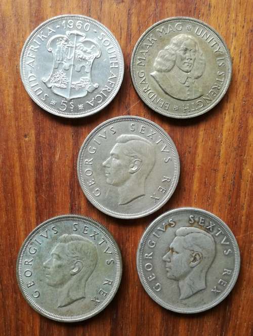 South Africa collection of 5 Silver 5 Shillings. One bid takes all.