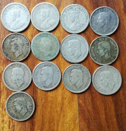 South Africa collection of 13 (80% silver ) sixpence coins. 34.91 Gram. Pleaseescription for dates.