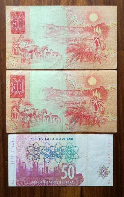 South Africa collection of 3 old R50 bank notes. One bid takes all.