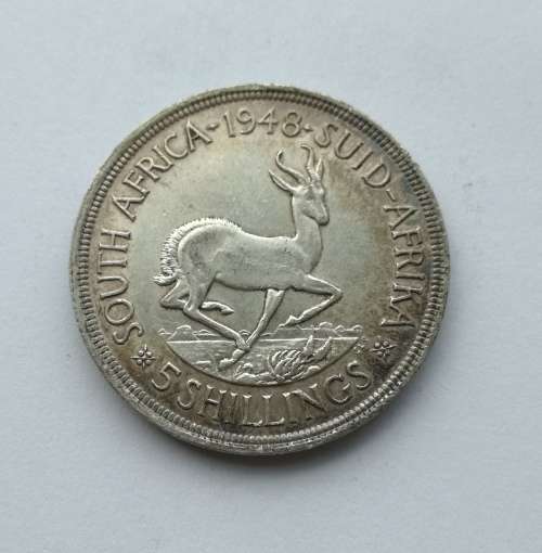 South Africa 1948 Silver 5 Shillings. Good condition.