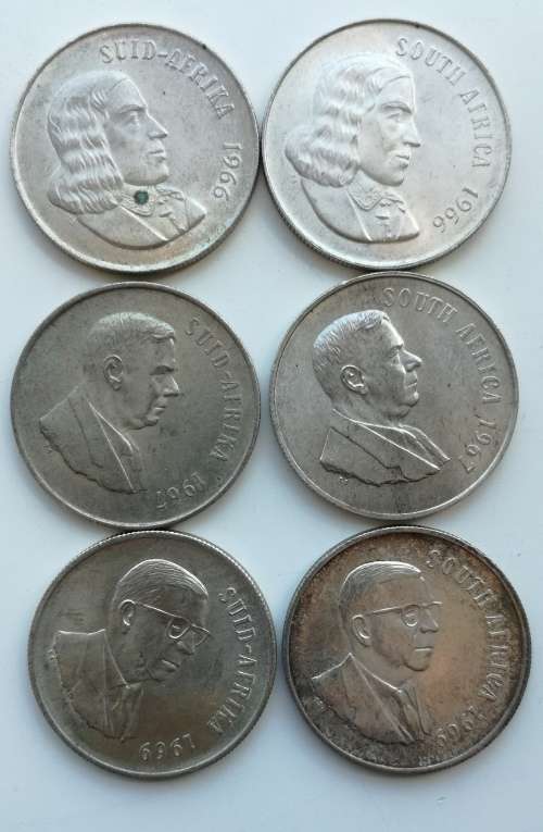 South Africa collection of 6 Silver one rands. One bid takes all.