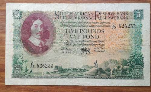 South Africa H.M de Kock 26/03/54 Five Pounds.