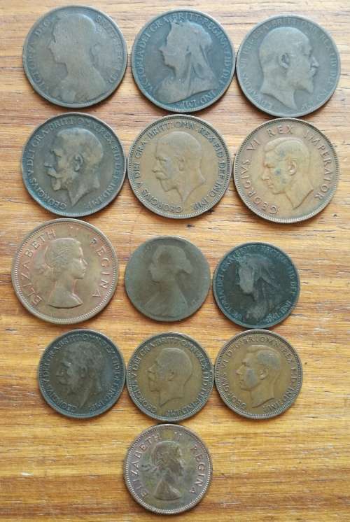 Collection of all different old copper coins.