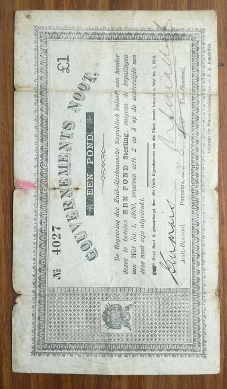 ZAR 1900 Gouvernements £1 bank note.