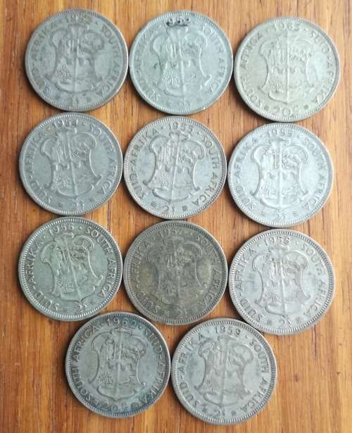 South Africa collection of 11 Silver Two Shillings. 122.45 grams.