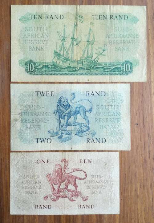 South Africa CL Stals R10, R2 and R1 bank notes.