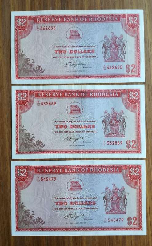 Rhodesia Salisbury 3 Bird Watermark Two Dollar bank notes.