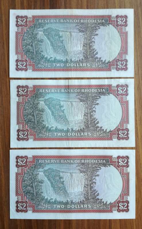 Rhodesia Salisbury 3 Bird Watermark Two Dollar bank notes.