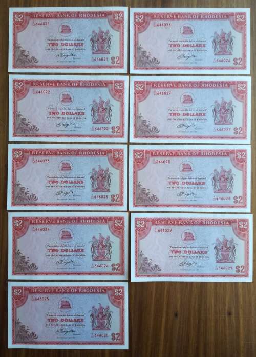 Rhodesia Salisbury 9 consecutive number bird watermark UNC-AUNC two dollar bank notes. Nice collecti