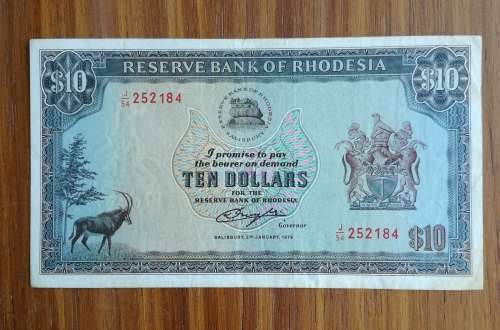 Rhodesia Salisbury 2 January 1979 Bird Watermark 10 Dollar bank note.