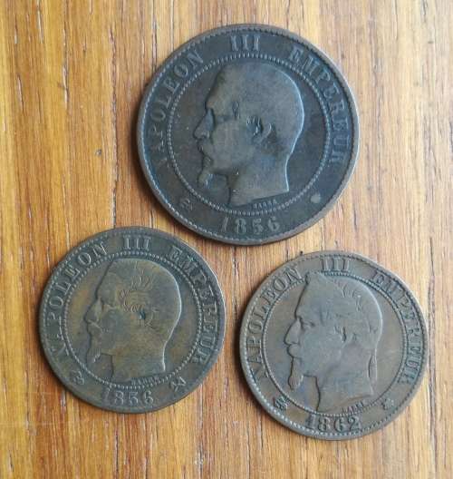 Napoleon 111 collection of 3 old coins.