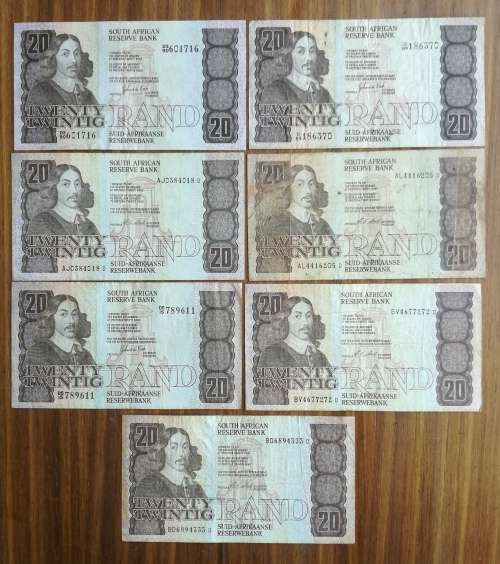 South Africa collection of 7 old R20 bank notes.
