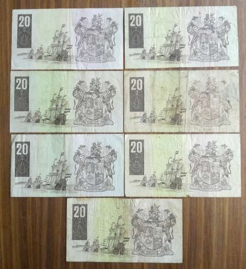 South Africa collection of 7 old R20 bank notes.