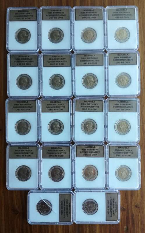 Collection of 18 UNC Nelson Mandela 90th birthday R5 coins in plastic holders. One bid takes all.
