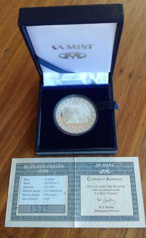South Africa 1996 Silver Proof Protea one Rand. No 1525 of 6000
