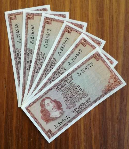 South Africa collection of 6 consecutive number de Jongh R1 Bank notes.