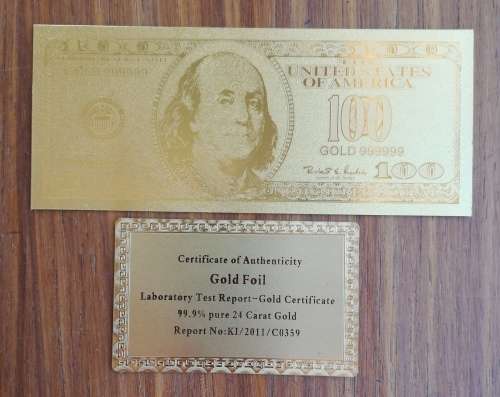 24 CT Gold 100 American dollar bill with certificate.