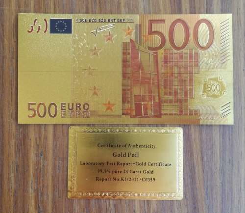 24 CT Gold 500 Euro bank note with certificate.