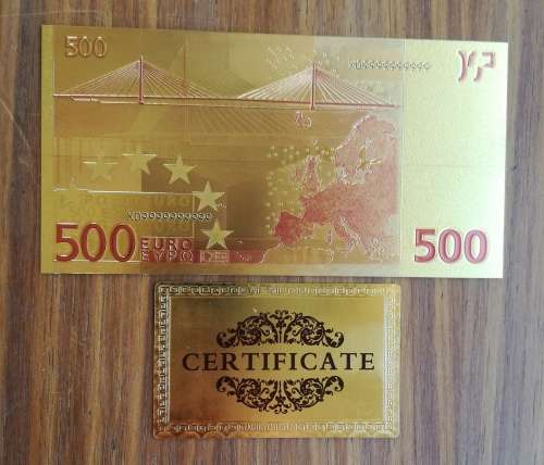24 CT Gold 500 Euro bank note with certificate.