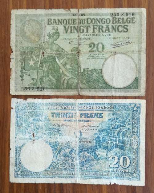 Belgium Congo collection of 2 old bank notes.