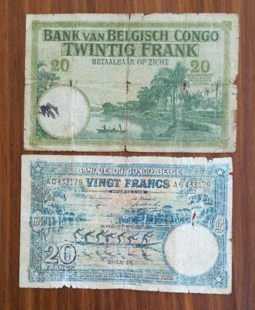 Belgium Congo collection of 2 old bank notes.
