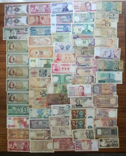 Collection of 68 old bank notes from around the world.