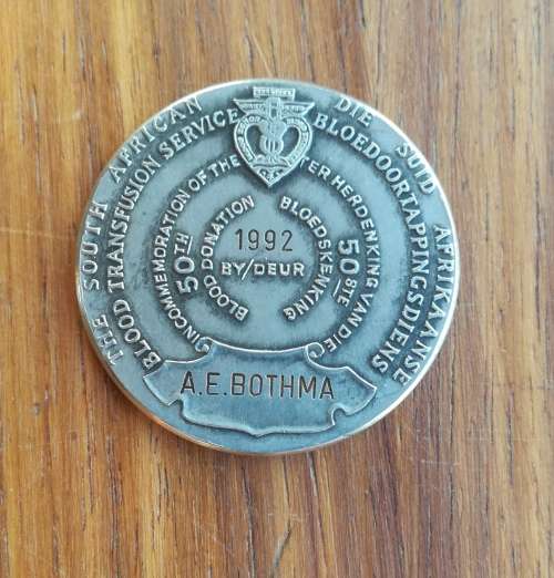 William Harvey 1992 A.E. Bothma Blood Donation Medal.
