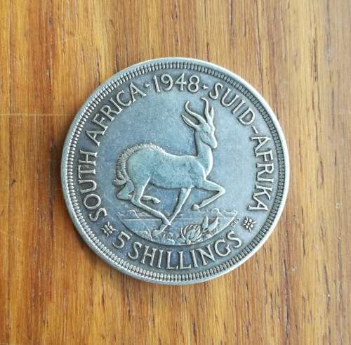 South Africa 1948 Silver 5 Shillings.