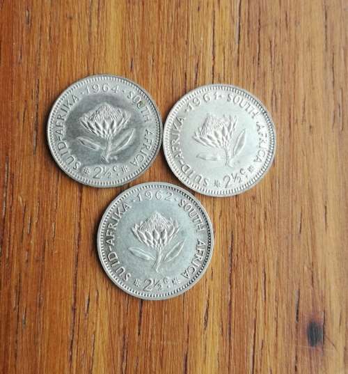 South Africa 1961, 1962 and 1964 Silver 2 1/2 Cents.