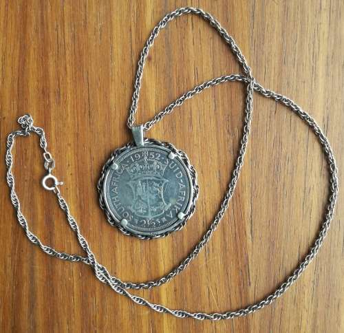 South Africa 1952 Silver Half Crown with silver pendant and chain.