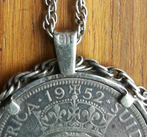 South Africa 1952 Silver Half Crown with silver pendant and chain.