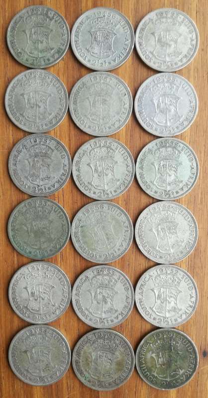 South Africa collection of 18 Silver Half Crowns. 250.43 Grams.