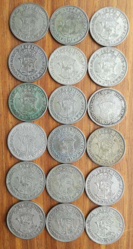 South Africa collection of 18 Silver Half Crowns. 250.16 Grams.