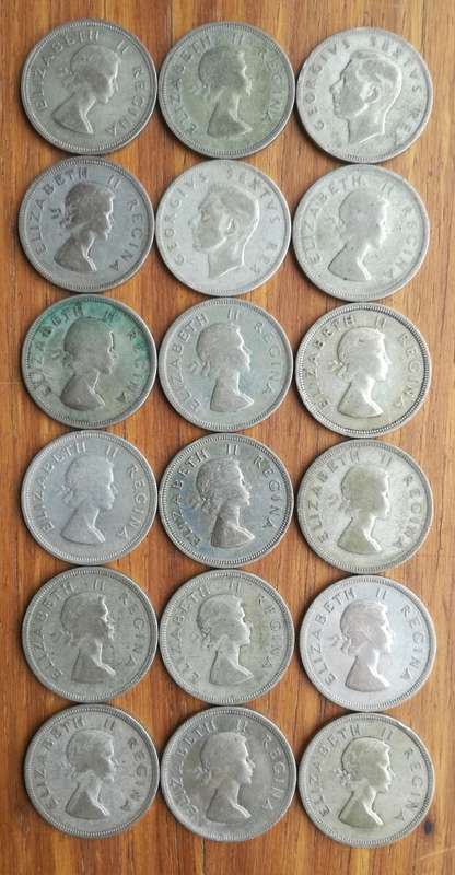 South Africa collection of 18 Silver Half Crowns. 250.16 Grams.