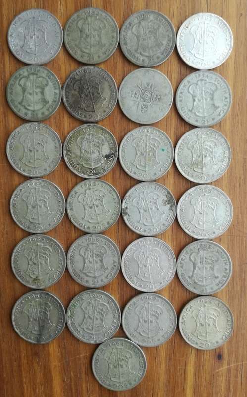 South Africa collection of 25 Silver Two Shillings. 279.73 Grams.